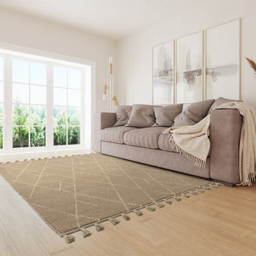 Nepal Linear Modern Moroccan Berber Geometric Hand-Woven Ribbed Textured Low-Profile Wool Loop Pile Sand/Cream Rug-Asiatic Carpets-Rug Love - The Most Loved Rug Store